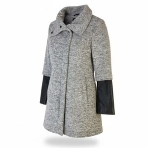 JESSICA Jacket Coat Gray Marled Mock Neck Faux Leather Sleeve Modern Chic M